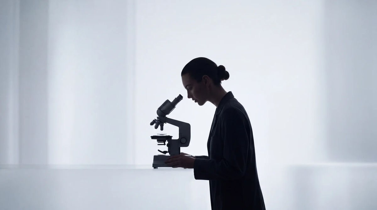 Clinician in silhouette looking into a microscope